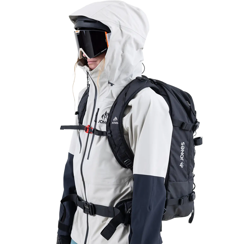 Women's Shralpinist Stretch Recycled 3L Jacket, Jones Snowboards Women's Shralpinist Stretch Recycled 3L Jacket in Smoke Gray Stealth Black front left with hood