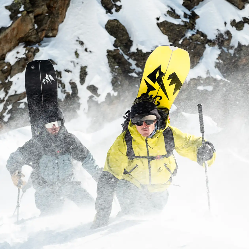 Men's Shralpinist Gore-Tex Recycled 3L Jacket, Jones Snowoard Shralpinist Gore-Tex Recycled 3L Jacket in Lime Green on model outdoors action