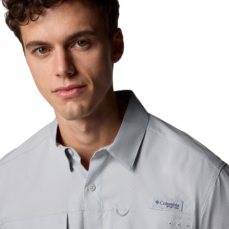 Men's Fly Range Zero Long Sleeve Shirt, Columbia Men's Fly Range Zero Long Sleeve Shirt in 019-Cool Grey front collar