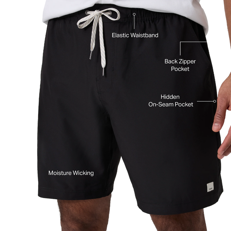 Men's Banks Session Short Unlined 7", Vuori Men's Banks Session Short Unlined 7" infographic