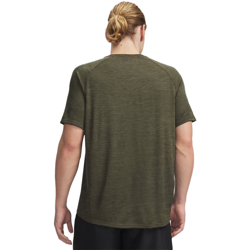 Men's UA Tech Textured Short Sleeve, Men's UA Tech Textured Short Sleeve in Marine OD Green back view on model