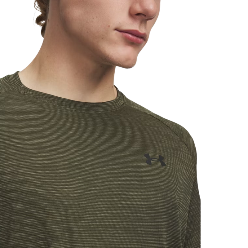 Men's UA Tech Textured Short Sleeve, Men's UA Tech Textured Short Sleeve in Marine OD Green with logo and texture detail
