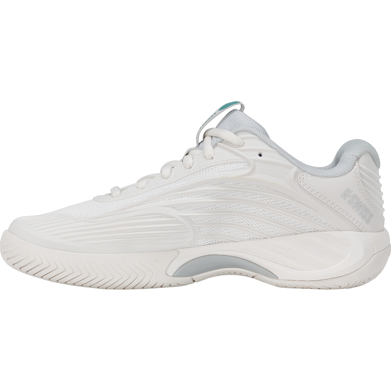 Women's Hypercourt Express 3 Wide, K-Swiss Women's Hypercourt Express 3 Wide in 110-Blanc de Blanc/Glacier Grey/Baltic inside profile of right shoe