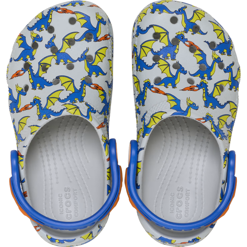 Youth Classic Dragon Graphic Clog Toddler, Crocs Youth Classic Dragon Graphic Clog Toddler in 1FT-Atmosphere pair top