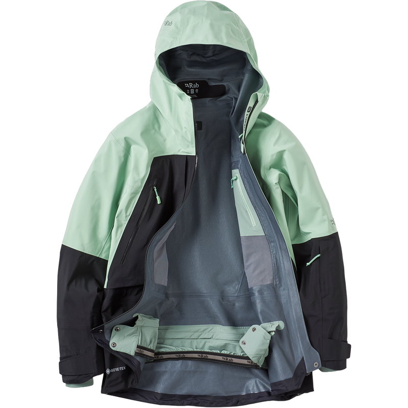 Women's Khroma Converge Gore-Tex Jacket, Rab Women's Khroma Converge Gore-Tex Jacket in FGB Fig Green/Black front unzipped