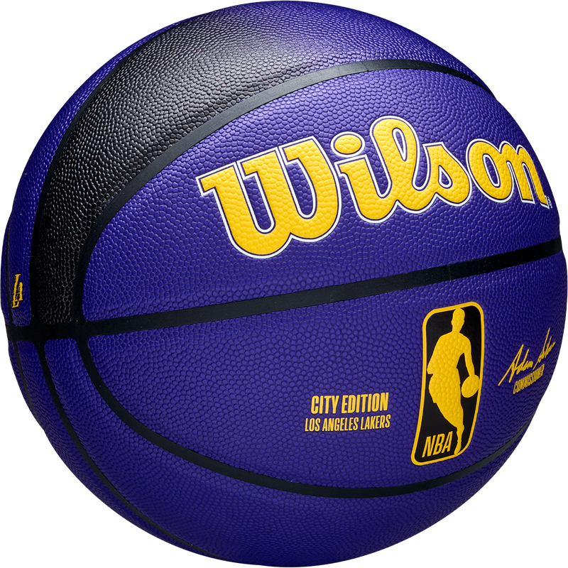 NBA Team City Collector Lakers Basketball - 29.5", Wilson NBA Team City Collector Lakers Basketball 3/4 Front