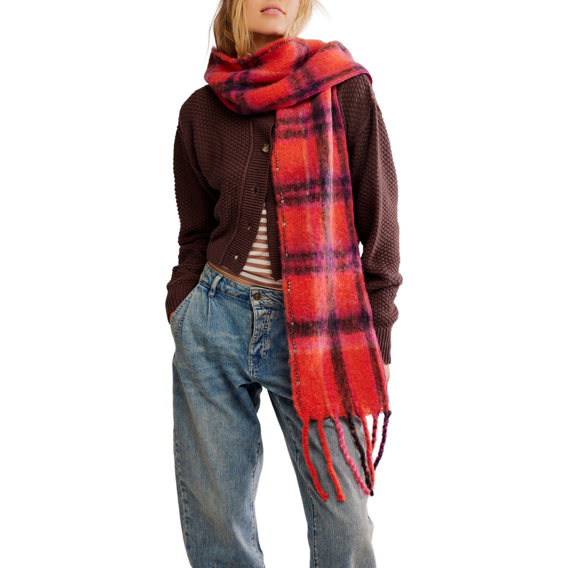 Women's Highland Plaid Skinny Scarf, Free People Women's Highland Plaid Skinny Scarf in 6024 Pink Combo on model