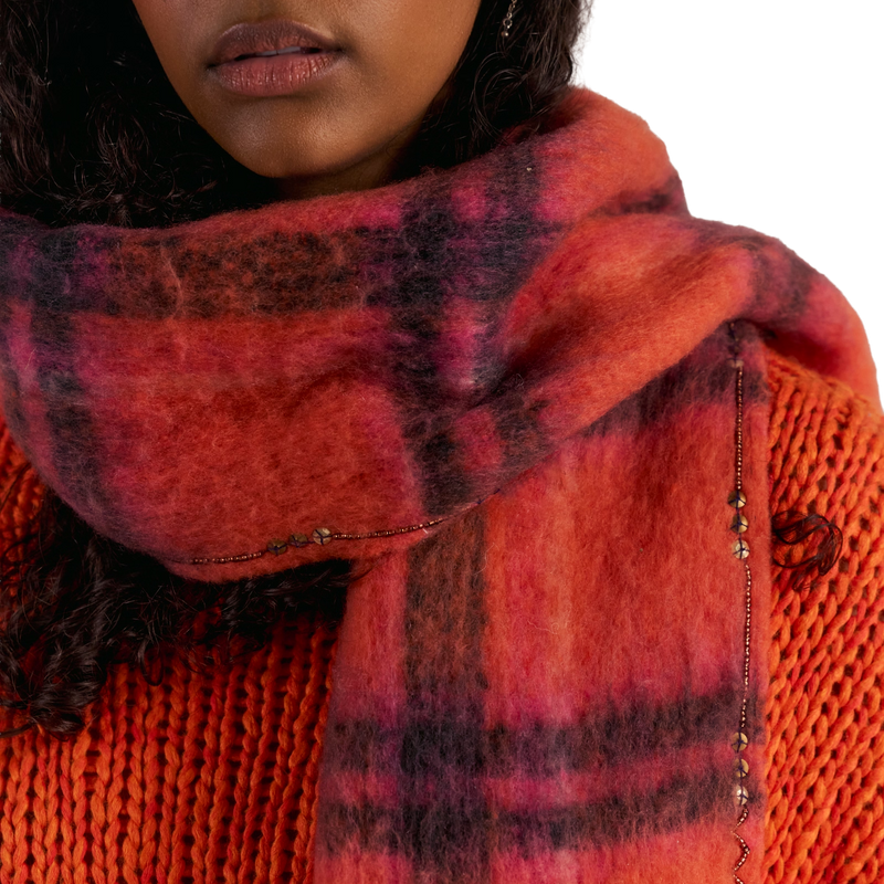 Women's Highland Plaid Skinny Scarf, Free People Women's Highland Plaid Skinny Scarf in 6024 Pink Combo on model