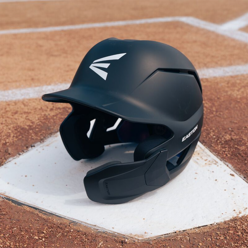 Z50 Matte Helmet with Jaw Guard, Easton Sports Z50 Matte Helmet with Jaw Guard in Black front left on base