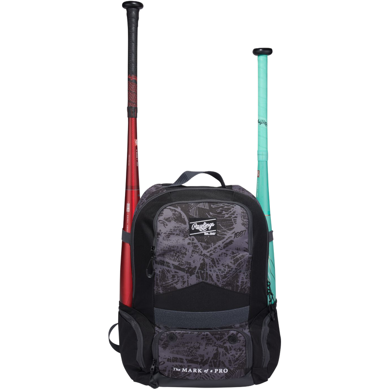 Gamer Series Backpack, Rawlings Gamer Series Backpack in Black front with bats