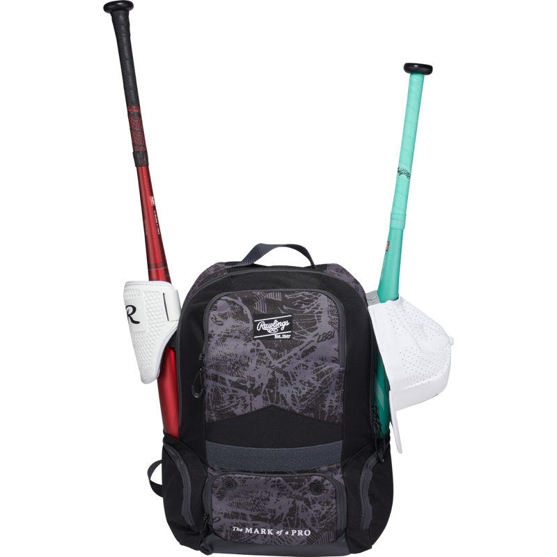 Gamer Series Backpack, Rawlings Gamer Series Backpack in Black front with bats and gear