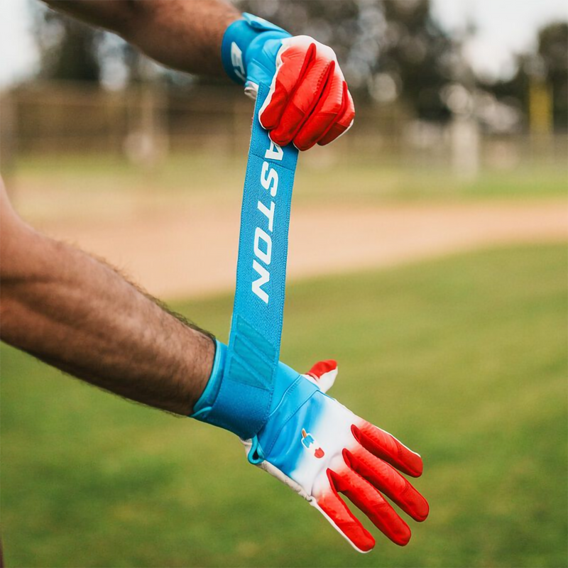 Youth Walk-Off Locked In Ethos Gloves, Easton Sports Youth Walk-Off Locked In Ethos Gloves in Rocket Pop on model strap