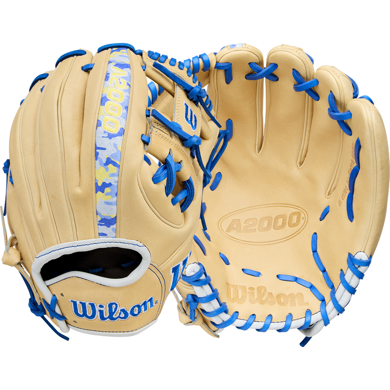 A2000 Witt Jr GM Infield - 11.75" H-Web, Wilson A2000 Witt Jr GM Infield - 11.75" H-Web in Blonde/Blue Camo front and back