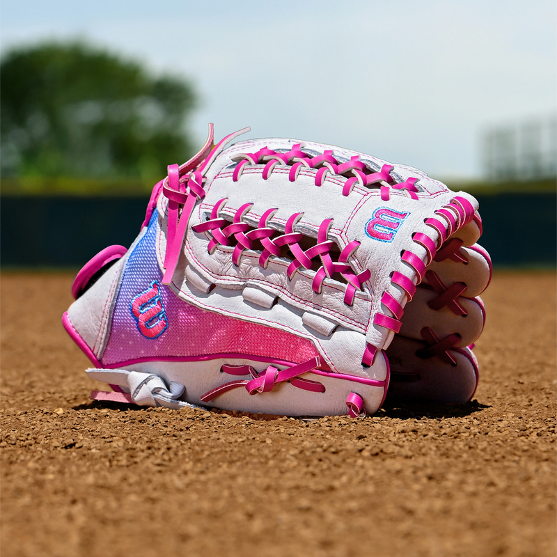A500 Flash Fastpitch- 12" Closed Web LHT, Wilson A500 Flash Fastpitch- 12" Closed Web LHT on infield showing web