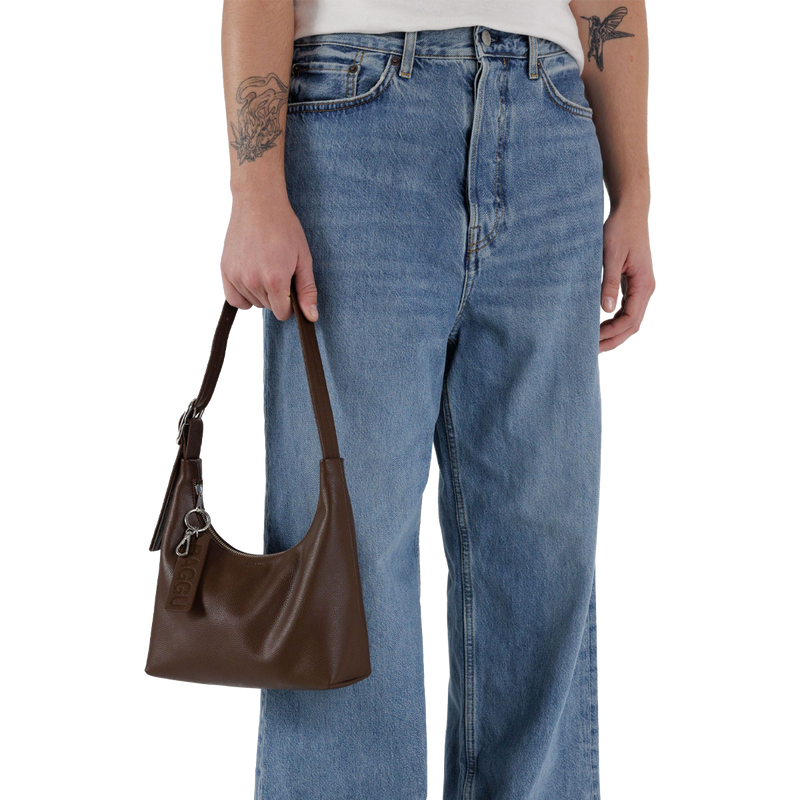 Mini Recycled Leather Shoulder Bag, BAGGU Mini Recycled Leather Shoulder Bag in hand