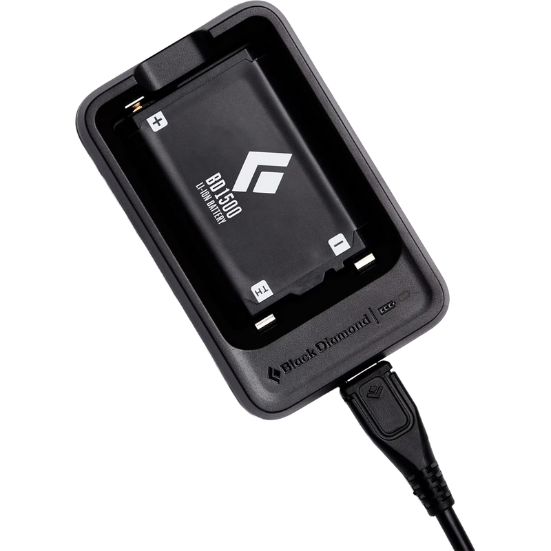 BD 1500 Battery, Black Diamond BD 1500 Battery with charging station and cord angled image