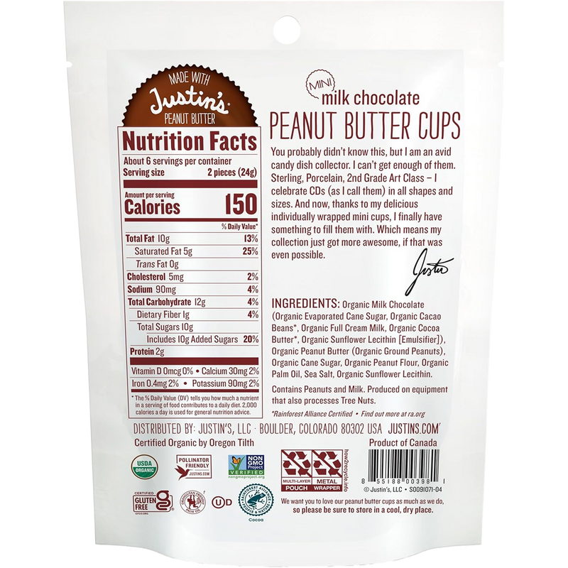 Mini Chocolate Peanut Butter Cups, Justin's Mini Chocolate Peanut Butter Cups back of package