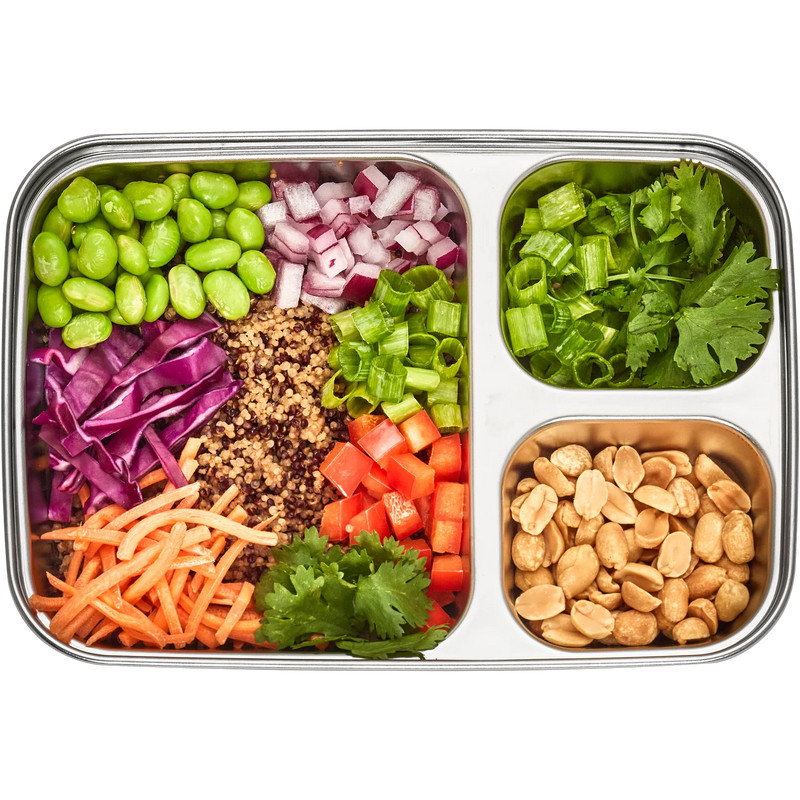 3-Compartment Divided Rectangle 24oz, U-Konserve 3-Compartment Divided Rectangle 24oz in clear side top view with food