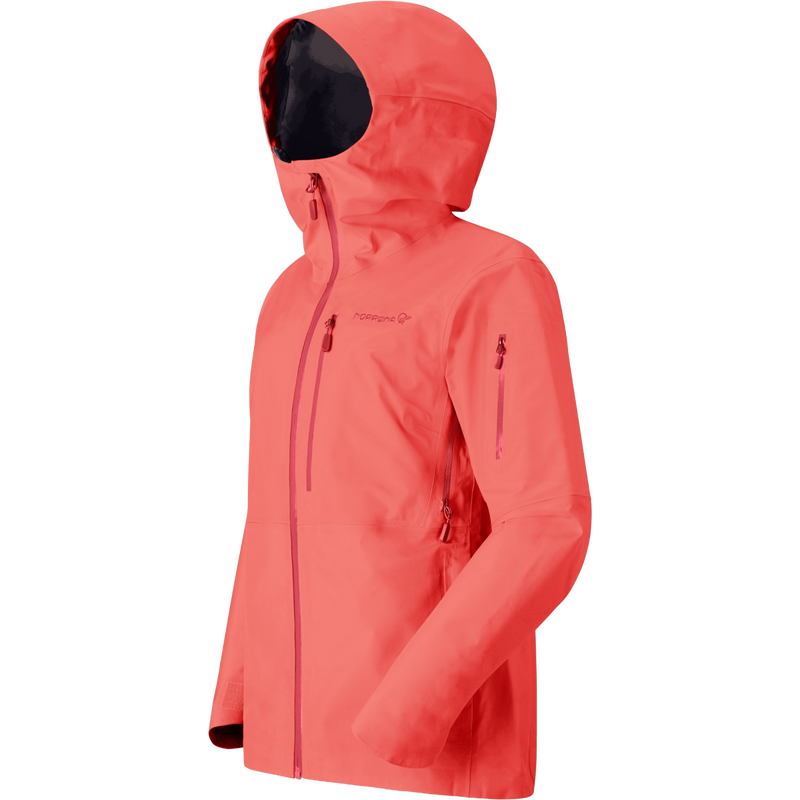 Women's Lofoten Gore-Tex Jacket, Norrona Women's Lofoten Gore-Tex Jacket in Deep Sea Coral angled with zipper detail