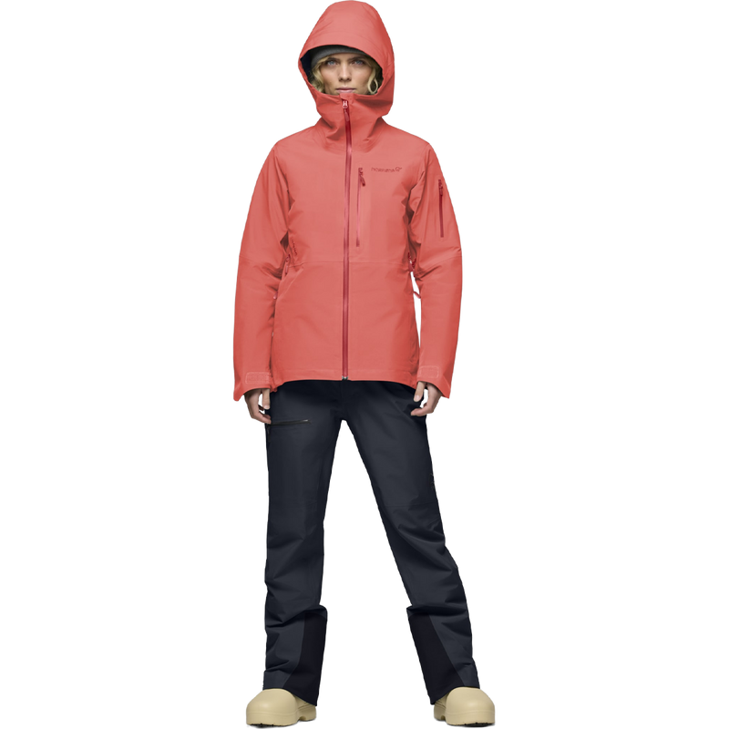Women's Lofoten Gore-Tex Jacket, Norrona Women's Lofoten Gore-Tex Jacket in Deep Sea Coral sipped up on model