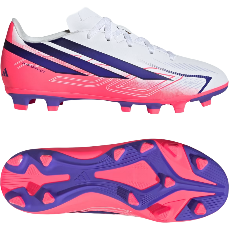 Youth F50 Hyperfast Club FG/MG, Adidas Youth F50 HYPERFAST CLUB Firm Ground / Multi Ground in Cloud White/Solar Purple/Solar Turbo pair right and bottom