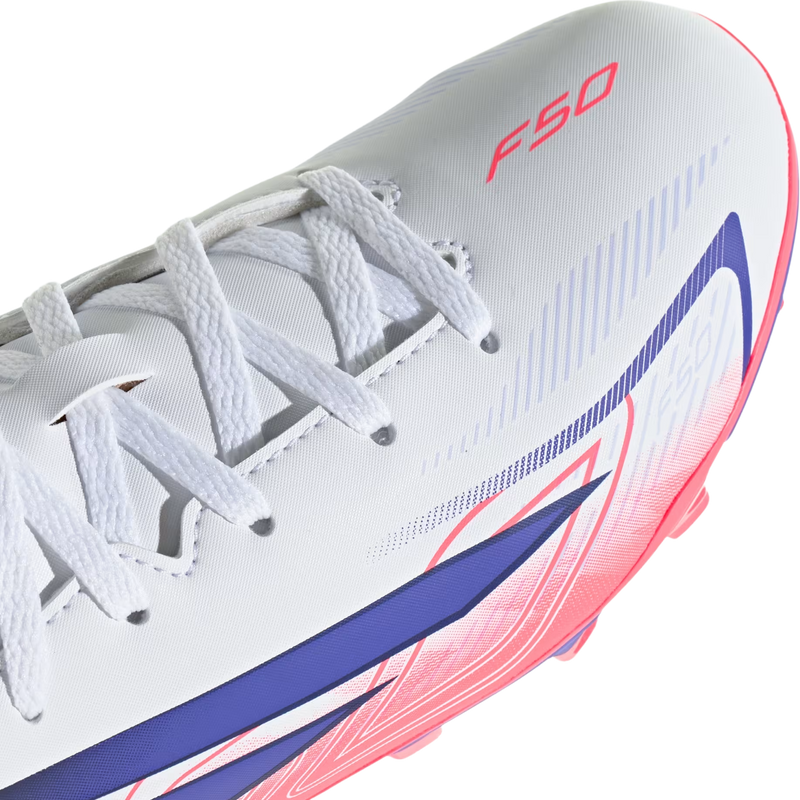 Youth F50 Hyperfast Club FG/MG, Adidas Youth F50 HYPERFAST CLUB Firm Ground / Multi Ground in Cloud White/Solar Purple/Solar Turbo top of toe
