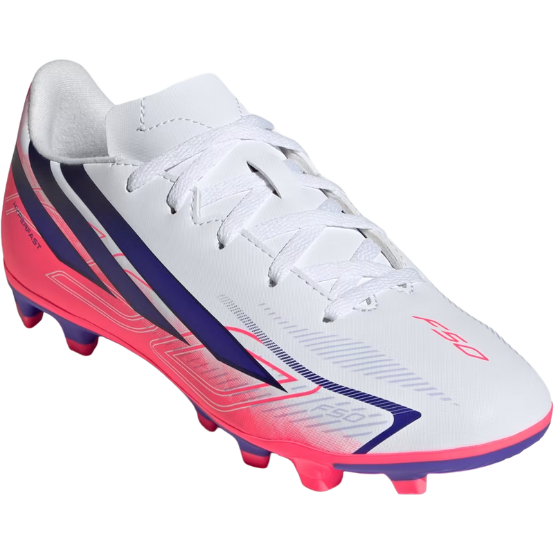 Youth F50 Hyperfast Club FG/MG, Adidas Youth F50 HYPERFAST CLUB Firm Ground / Multi Ground in Cloud White/Solar Purple/Solar Turbo right front
