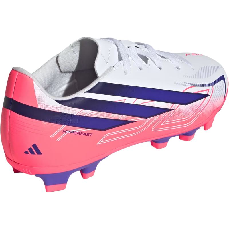Youth F50 Hyperfast Club FG/MG, Adidas Youth F50 HYPERFAST CLUB Firm Ground / Multi Ground in Cloud White/Solar Purple/Solar Turbo right rear