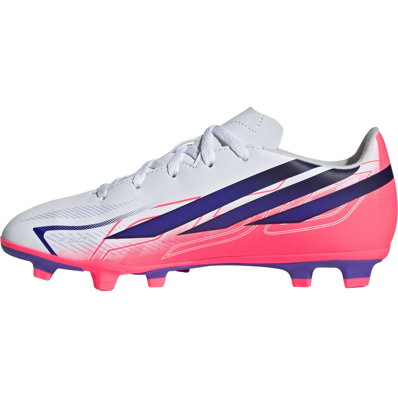 Youth F50 Hyperfast Club FG/MG, Adidas Youth F50 HYPERFAST CLUB Firm Ground / Multi Ground in Cloud White/Solar Purple/Solar Turbo inside right profile