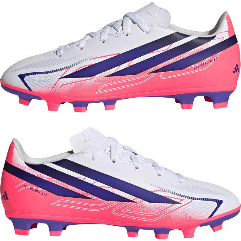 Youth F50 Hyperfast Club FG/MG, Adidas Youth F50 HYPERFAST CLUB Firm Ground / Multi Ground in Cloud White/Solar Purple/Solar Turbo pair outside profiles