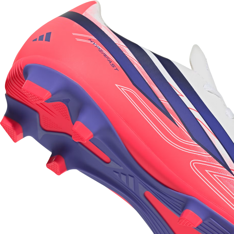 Youth F50 Hyperfast Club FG/MG, Adidas Youth F50 HYPERFAST CLUB Firm Ground / Multi Ground in Cloud White/Solar Purple/Solar Turbo bottom of heel