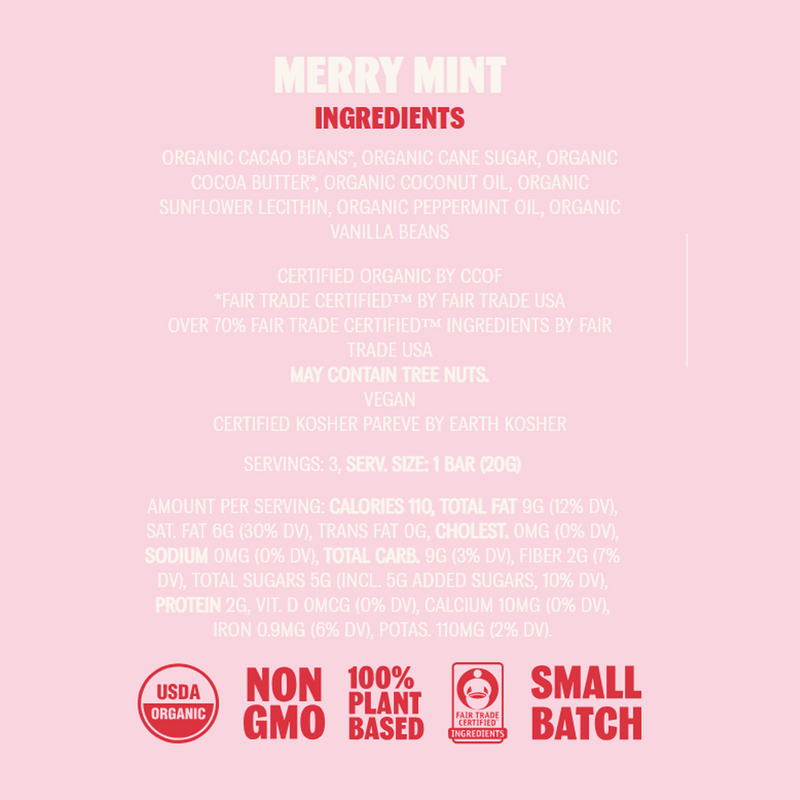 Seasonal 100% Plant Based Chocolate Bars, TCHO Seasonal 100% Plant Based Chocolate Bars Merry Mint Nutrition Facts