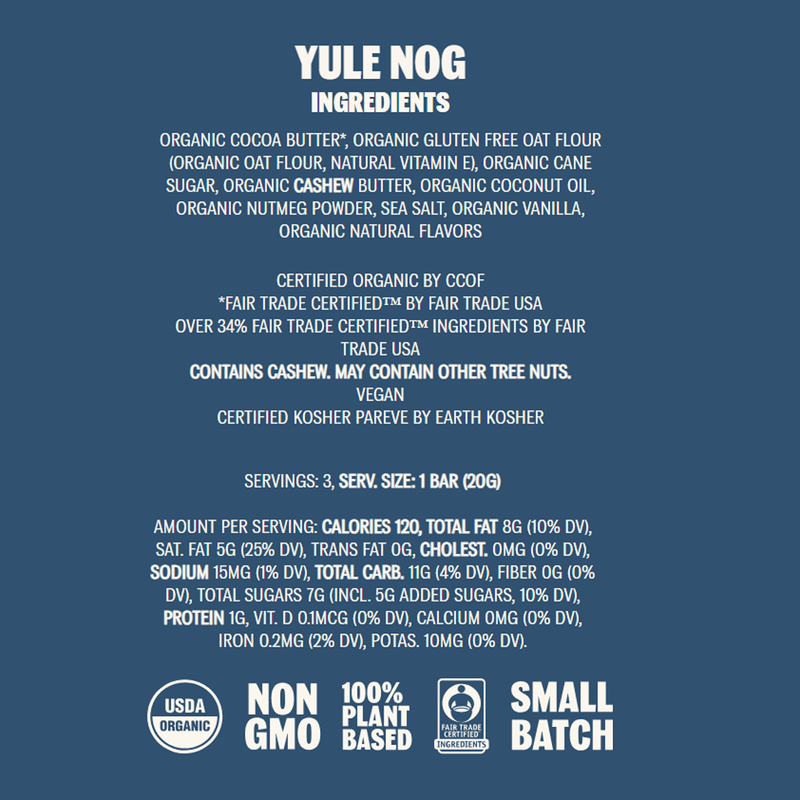 Seasonal 100% Plant Based Chocolate Bars, TCHO Seasonal 100% Plant Based Chocolate Bars Yule Nog Nutrition Facts