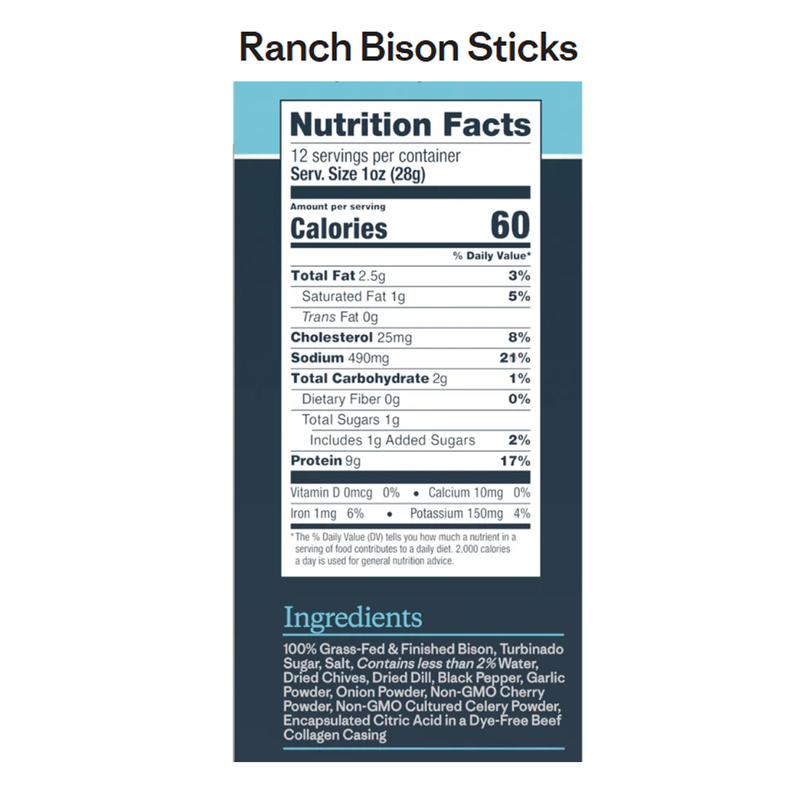 Pasture Raised Bison Sticks, Patagonia Provisions Pasture Raised Bison Sticks Ranch Nutrition Facts & Ingredients