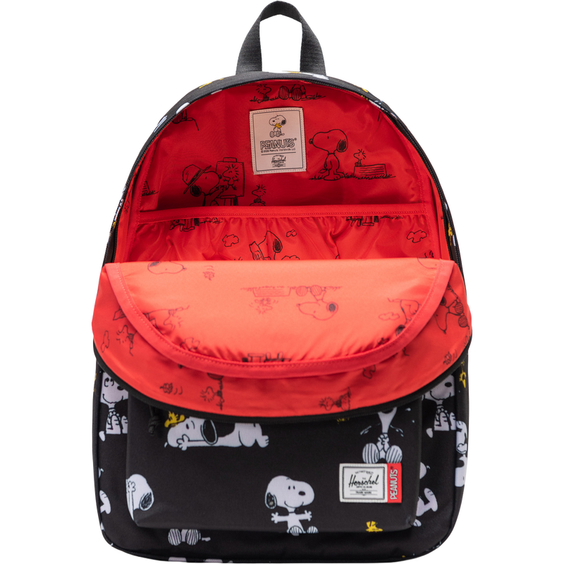 Peanuts Classic Backpack, Herschel Peanuts Classic Backpack in Snoopy and Woodstock Black unzipped
