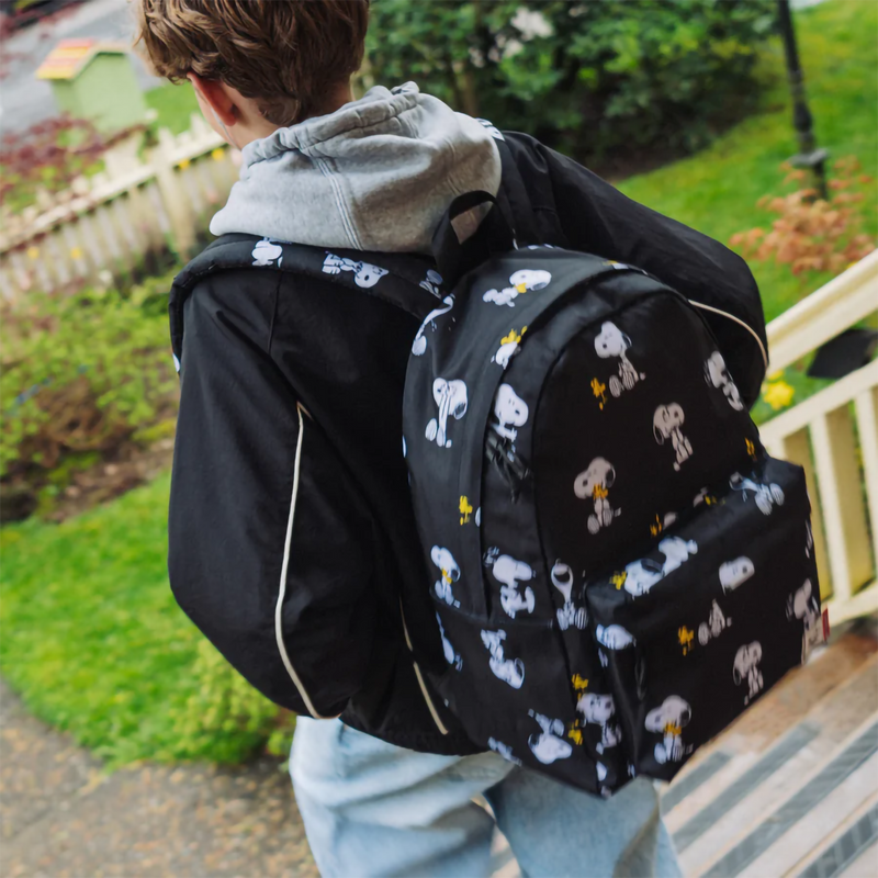 Peanuts Classic Backpack, Herschel Peanuts Classic Backpack in Snoopy and Woodstock Black on model