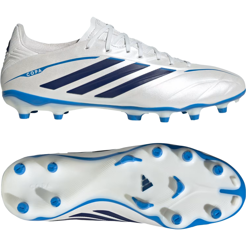 Copa Pure IV League Firm Ground, Adidas Copa Pure IV League Firm Ground in Zero Metalic Dark Blue Lucid Ray Blue lateral and bottom view