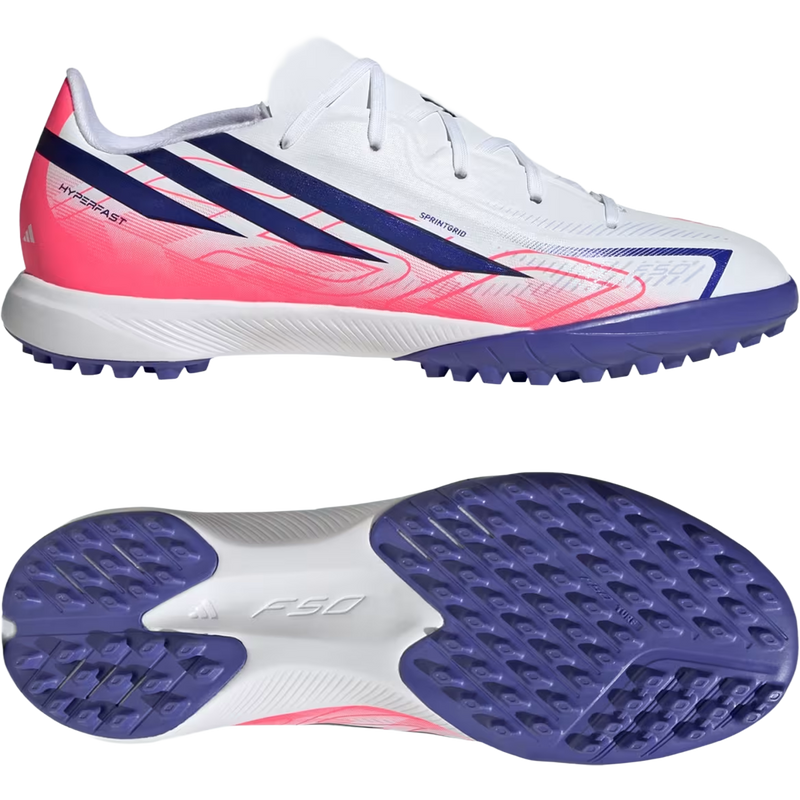Youth F50 Hyperfast League TF, Adidas Youth F50 Hyperfast League TF in Cloud White/Solar Purple/Solar Turbo pair right profile and bottom