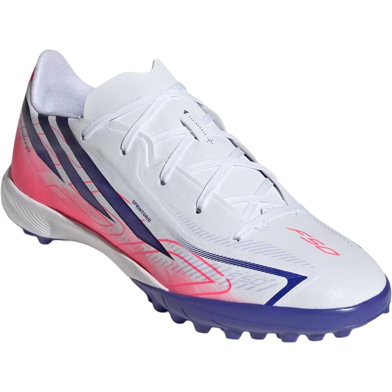Youth F50 Hyperfast League TF, Adidas Youth F50 Hyperfast League TF in Cloud White/Solar Purple/Solar Turbo front right