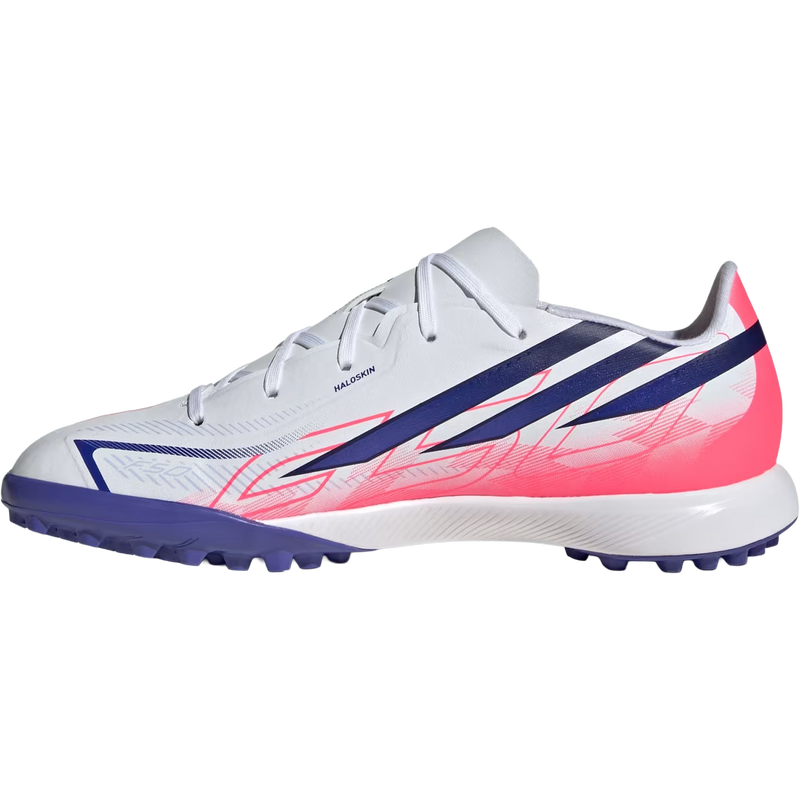 Youth F50 Hyperfast League TF, Adidas Youth F50 Hyperfast League TF in Cloud White/Solar Purple/Solar Turbo inside right profile