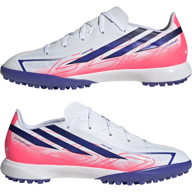 Youth F50 Hyperfast League TF, Adidas Youth F50 Hyperfast League TF in Cloud White/Solar Purple/Solar Turbo pair profile