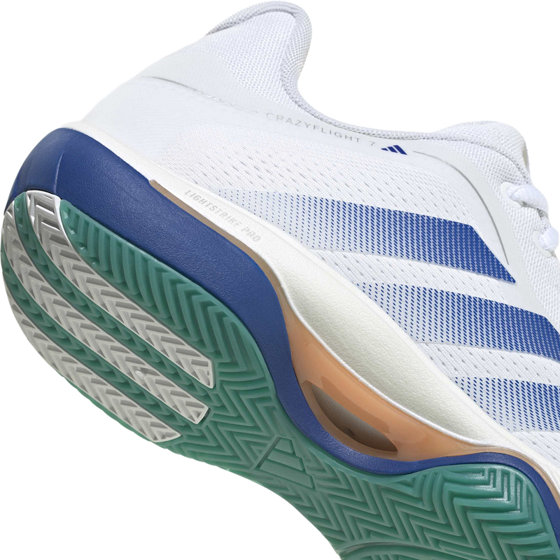 Men's Crazyflight 7, Men's Adidas Crazyflight 7 in Equipment Green/White/Royal Blue lateral heel and sole detail