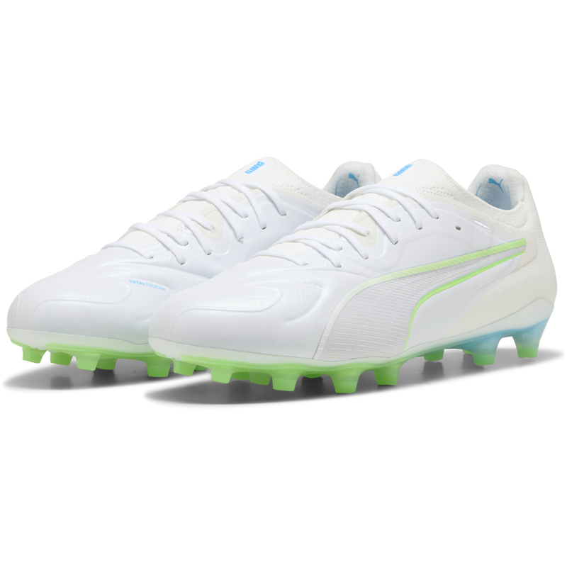 King 20 Ultimate FG/AG, Puma King 20 Ultimate FG/AG in Luminous Blue Elektro Green side by side lateral view