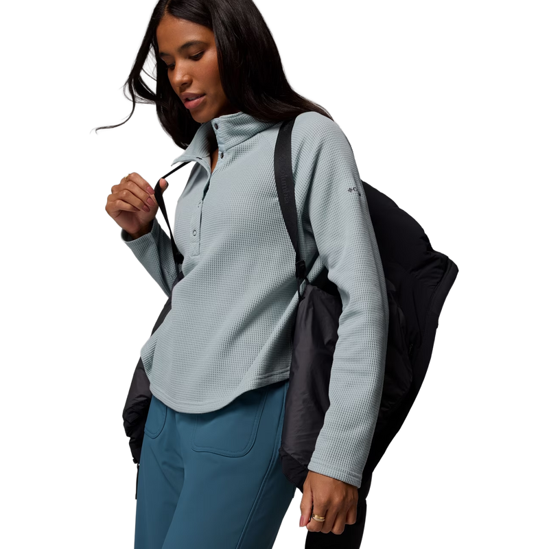 Women's Amaze Puff Hooded Jacket, Columbia Women's Amaze Puff Hooded Jacket in Black with carrying straps on model