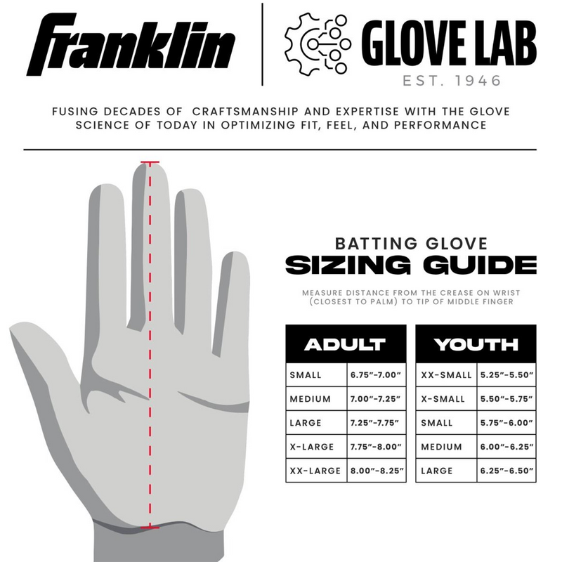 CFX Pro Series Batting Gloves, Franklin Sports Youth CFX Pro Series Batting Gloves size chart