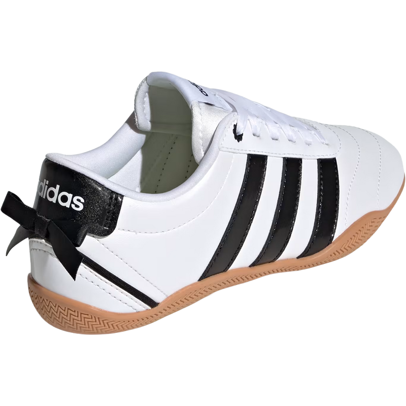 Youth Grand Court Lo, Adidas Youth Grand Court Lo in White Core Black angled lateral view with bow detail