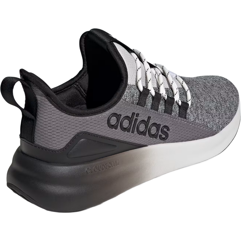 Men's Lite Racer Adapt 8.0, Adidas Men's Men's Lite Racer Adapt 8.0 in Grey One Grey Four Core Black angled heel view with logo