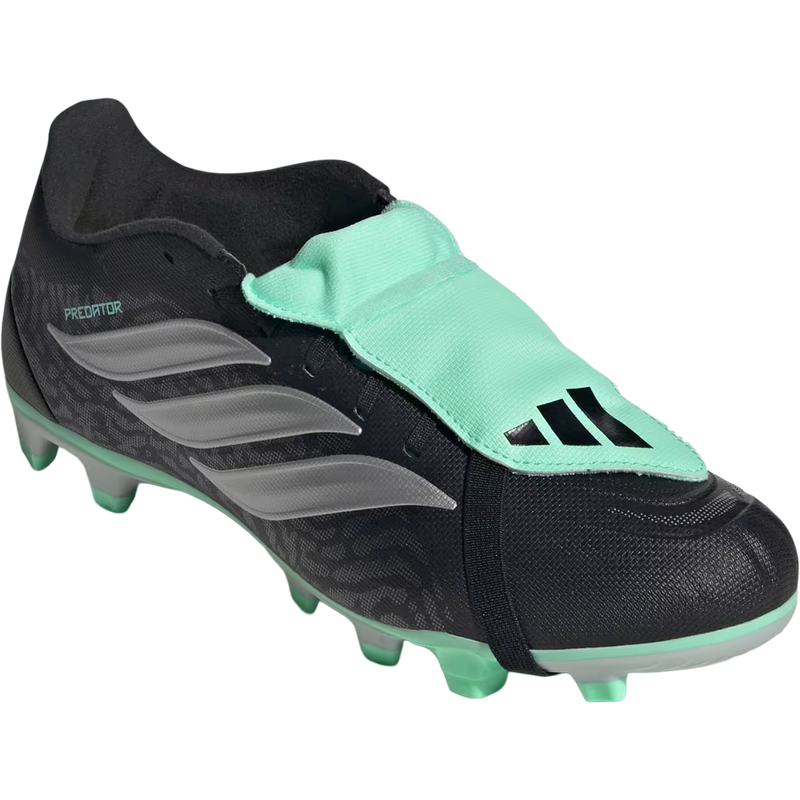 Predator Club FT FG/MG, Adidas Predator Club FT FG/MG in Core Black Silver Metallic Pulse Mint lateral angled view toe