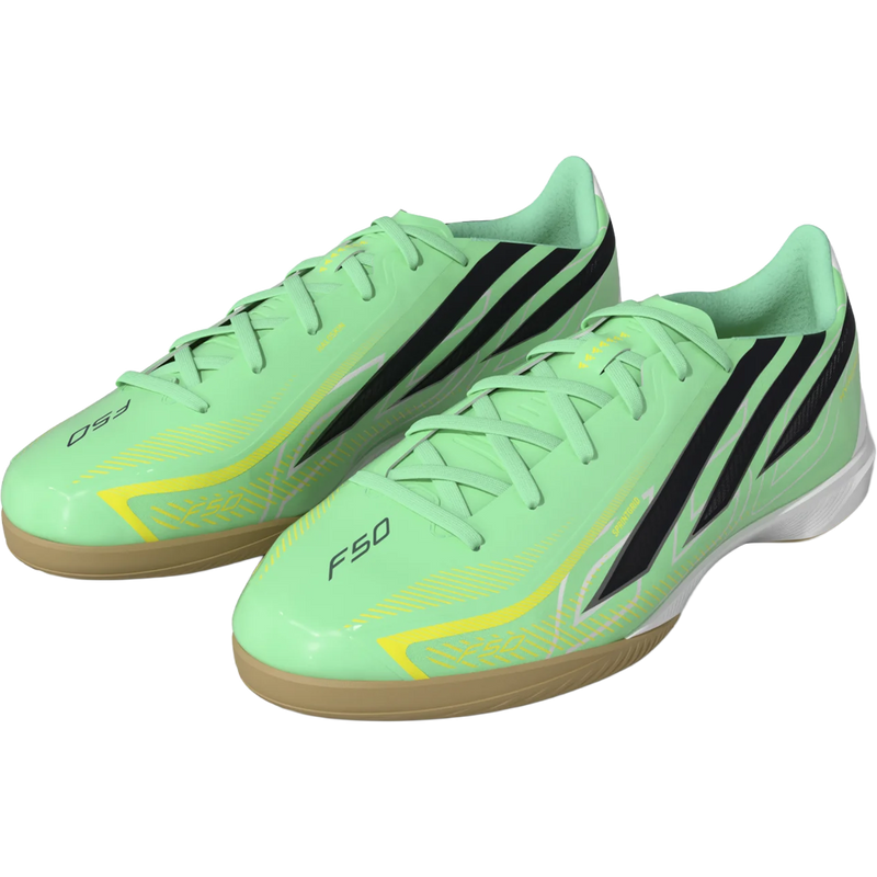 F50 Hyperfast League Indoor, Adidas F50 Hyperfast League Indoor in Pulse Mint Night Navy Solar Lemon side by side angled lateral view