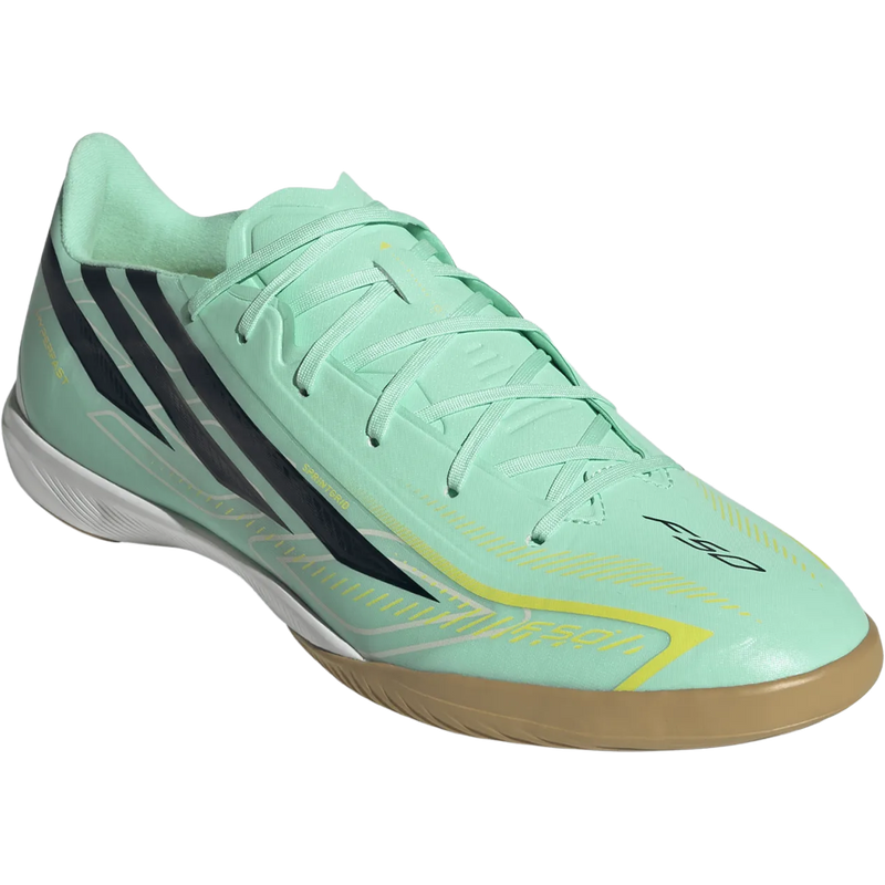 F50 Hyperfast League Indoor, Adidas F50 Hyperfast League Indoor in Pulse Mint Night Navy Solar Lemon angled front detail